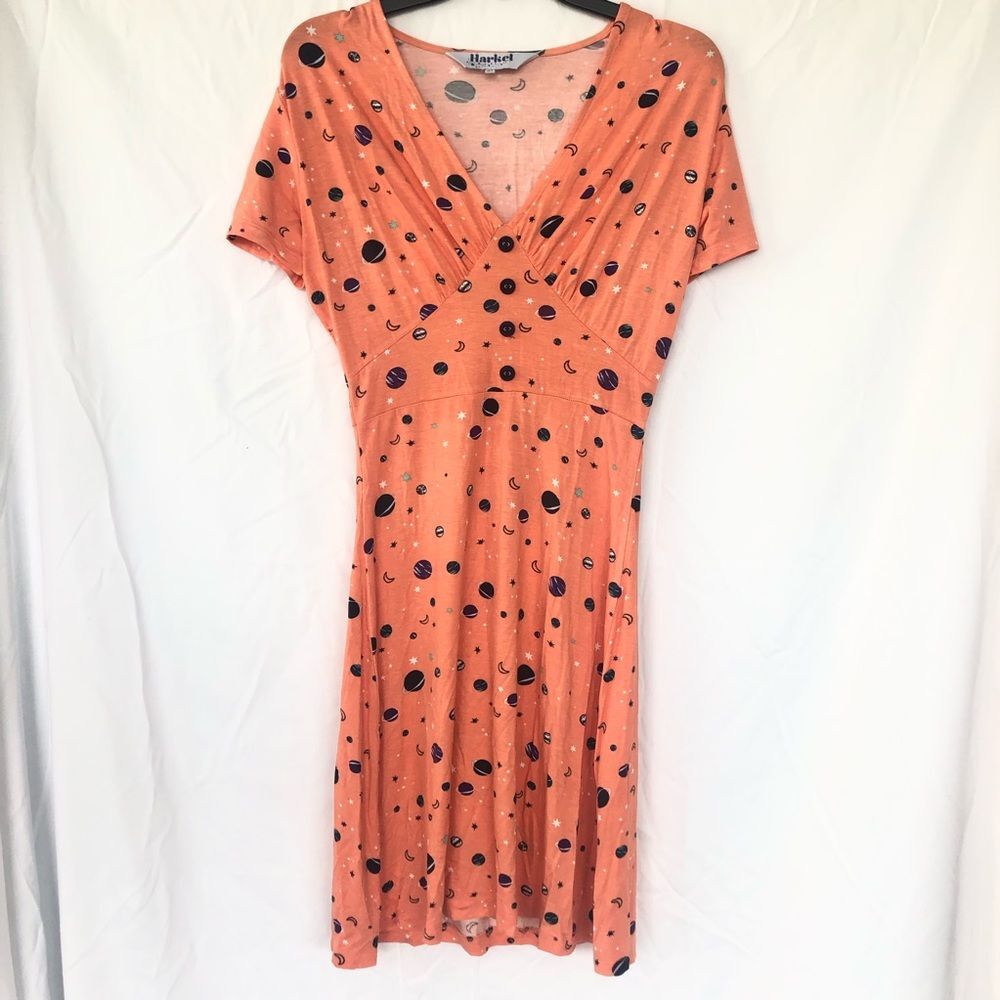 Harkel womens short sleeve v neck knee length stars moon orange dress 4 retro